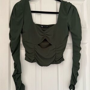 Zara Dark Green Ruched cut out cropped Blouse